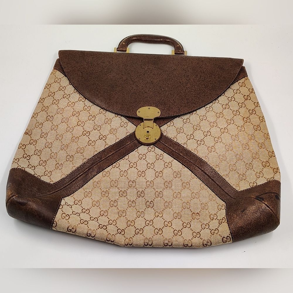 Gucci Brown Leather & Cream Logo Monogram Satchel Bag Vintage